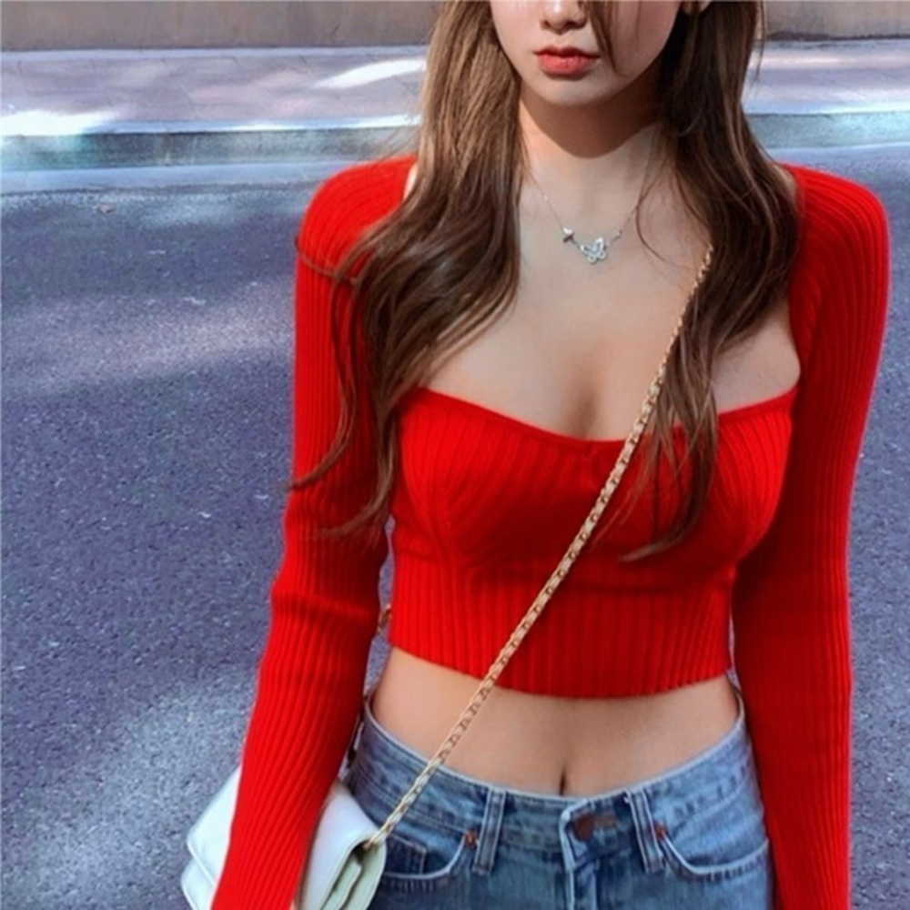 Red‎ Square Neck Long Sleeve Ribbed T-Shirt with Non-Slip Silicone Strip xs nwot